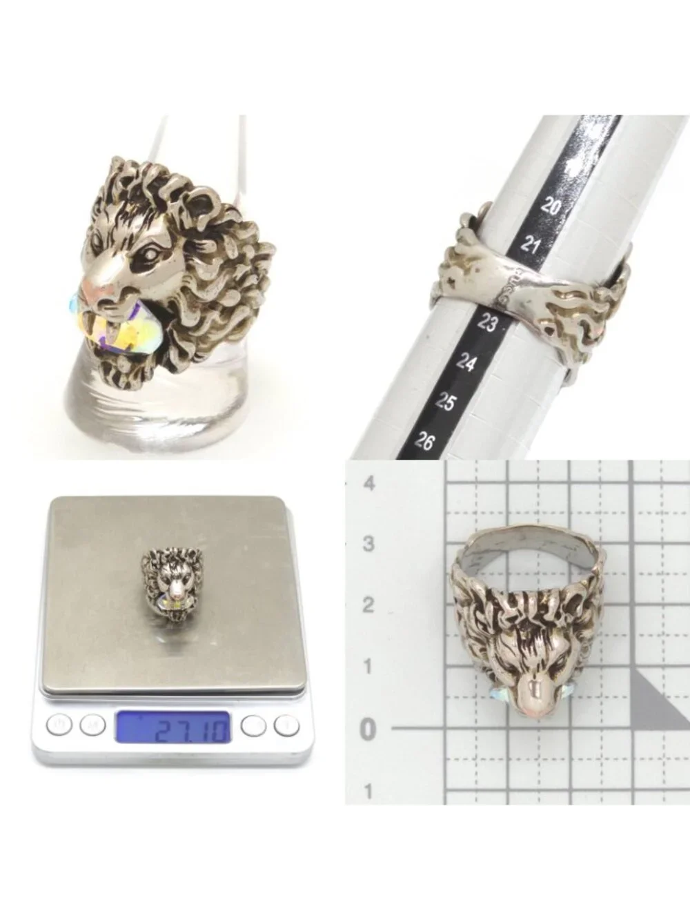 Gucci Crystal Lion Head Ring Aurora Color Silver